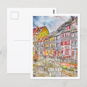 Cartão Postal Colmar França Viagem Place Watercolor