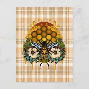Cartão Postal Colmeia Floral Arte Abelha Rainha Laranja Xadrez B