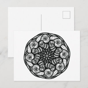 Cartão Postal Coloração Mínima Preta Rosa de Mandala