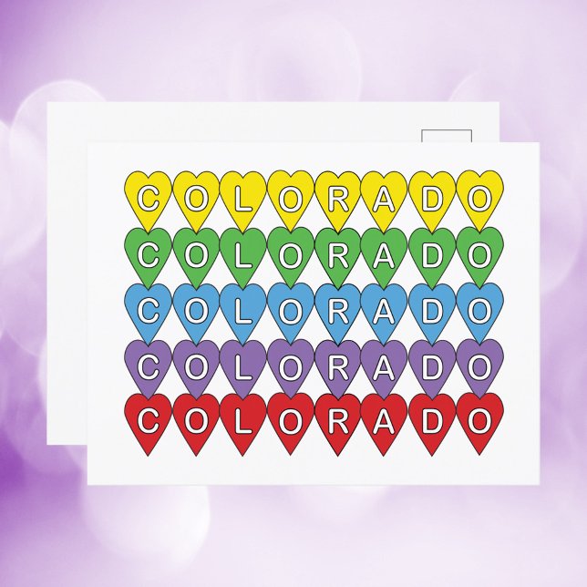 Cartão Postal Colorado US Hearts Colorful (A postcard with the US state of Colorado in yellow, green, blue, purple and red hearts)