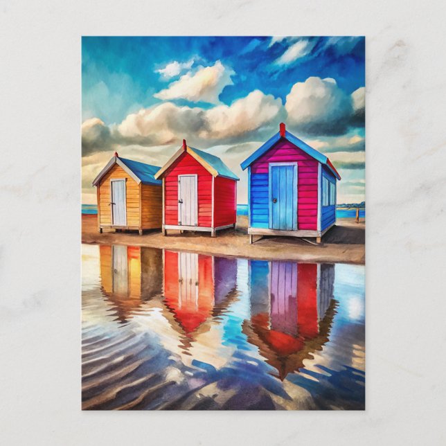 Cartão Postal Colorful Beach Huts Ocean Reflection Coastal  (Frente)