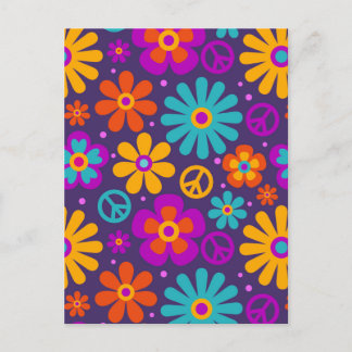 Cartão Postal Colorful Flowers Peace Love Groovy Retro Hippie