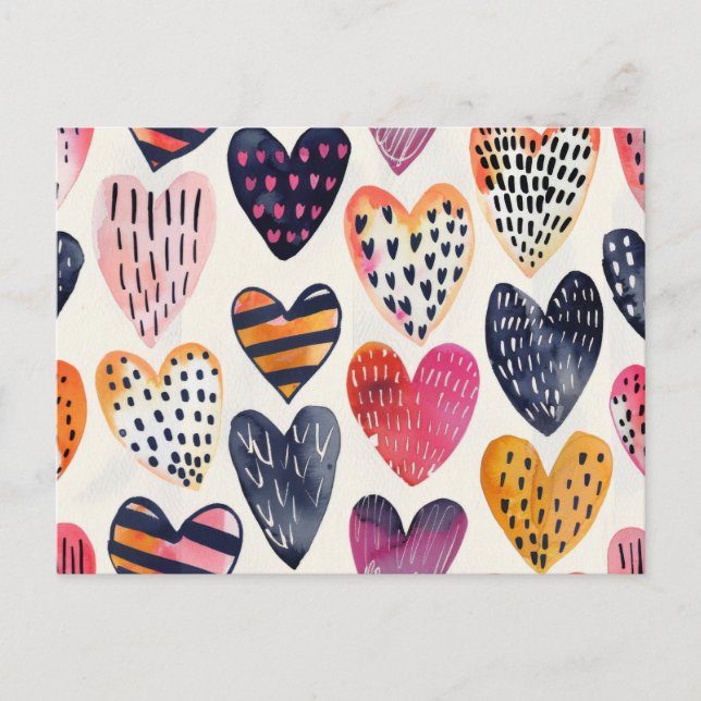 Cartão Postal Colorful Hearts Love Handmade Pattern (Frente)