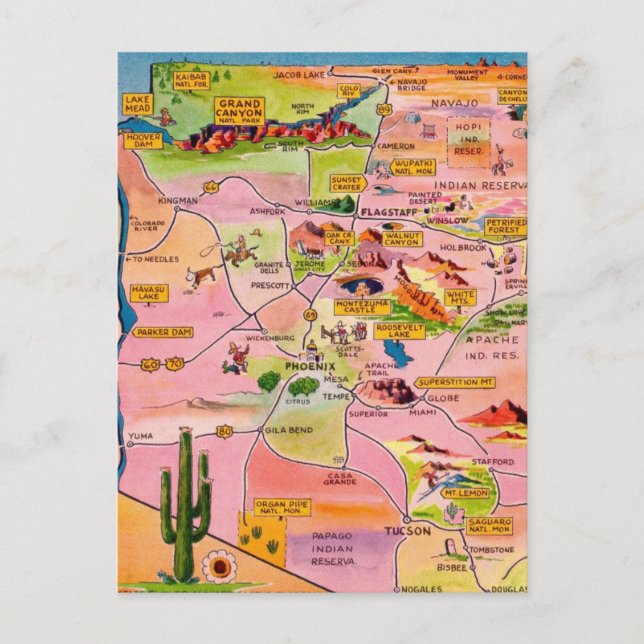 Cartão Postal Colorful Illustrated Arizona Map Postcard (Frente)