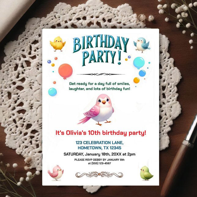 Cartão Postal Colorful Kids Feathered Friends Birthday Party (Criador carregado)