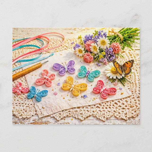 Cartão Postal Colorful Paper Quilling Butterflies with Spring Cr (Frente)