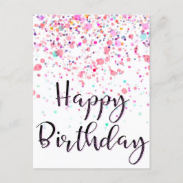 Cartão Postal Colorida Confetti Feliz Aniversário Rosa