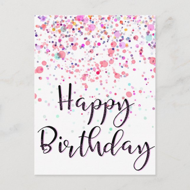 Cartão Postal Colorida Confetti Feliz Aniversário Rosa (Frente)