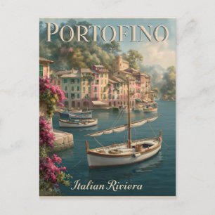 Cartão Postal Colorida Orla Marítima e Barcos em Portofino, Itál