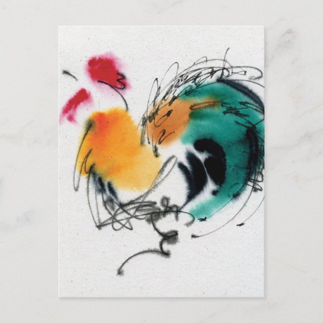 Cartão Postal Colorida Rooster. Caligrafia e aquarela. (Frente)