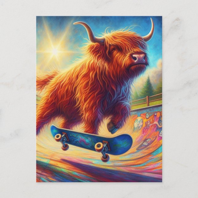 Cartão Postal Colorida Scottish Highland Cow Skateboard (Frente)