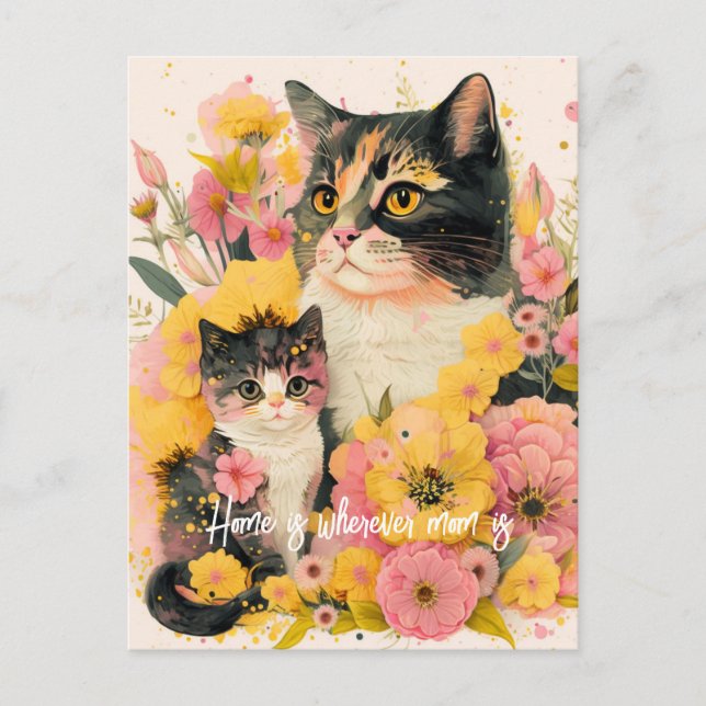 Cartão postal colorido da mãe-gato e gatinho para  (Frente)
