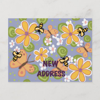 Cartão postal colorido de jardim anunciando um nov