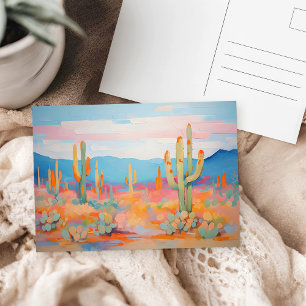 Cartão Postal Colorido Deserto Ocidental Cactus Vibrante Pintura