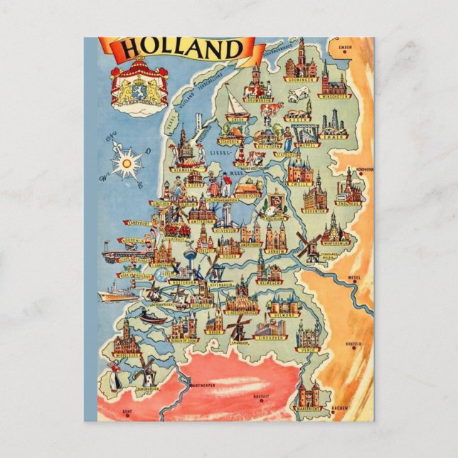 Cartão postal colorido do mapa da Holanda (Frente)