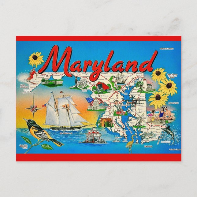 Cartão Postal Colorido do Mapa de Maryland (Frente)