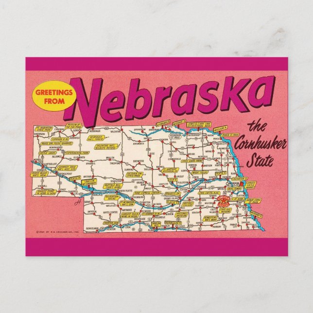 Cartão postal colorido do mapa de Nebraska (Frente)