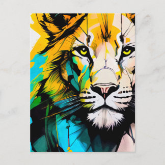 Cartão Postal Colorido Leão azul e amarelo piercing olhos 5x7"