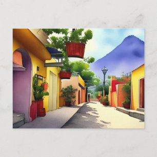 Cartão Postal Colorido Mexicano Village Street Scenical Watercol