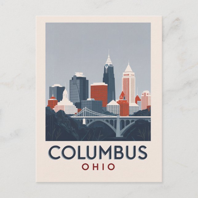 Cartão Postal Columbus Ohio City Skyline Vintage Art (Frente)