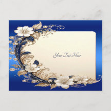 Cartão postal com enfeite floral branco azul