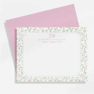 Cartão postal com laço rosa e canto cortado floral