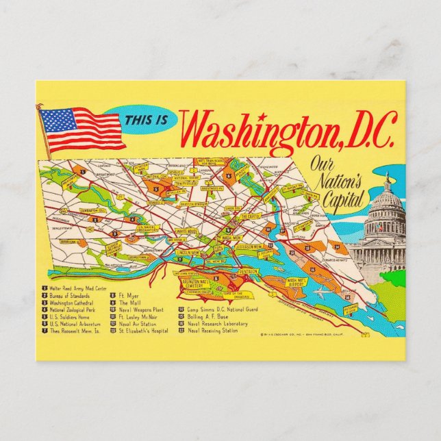 Cartão postal com mapa antigo de Washington DC (Frente)