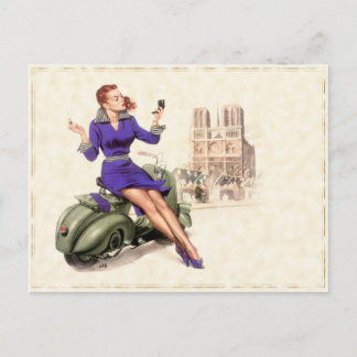 Cartão postal com Vintage Girl na moto