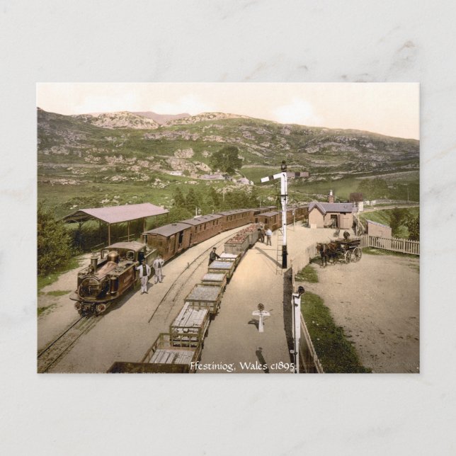 Cartão Postal Comboio antigo, estação ferroviária de Ffestiniog (Frente)