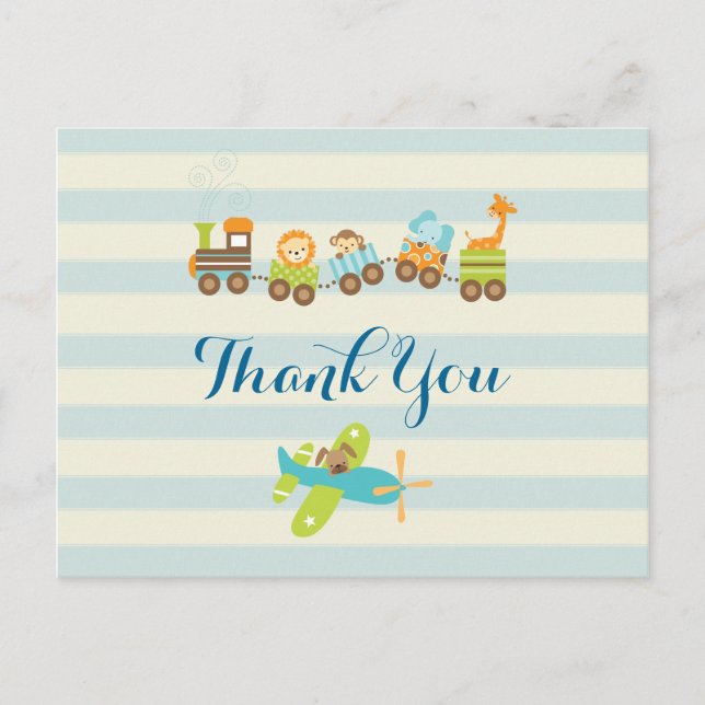 Cartão Postal Comboio de Brinquedos e avião em Strips Obrigado (Frente)