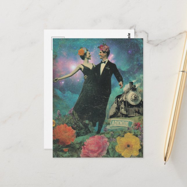 Cartão Postal Comboio de risco de Pessoas de dança surreal (Frente/Verso In Situ)