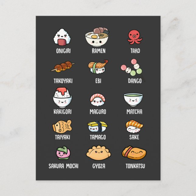 Cartão Postal Comida asiática e crua Kawaii Sushi Rice Fish Rame (Frente)