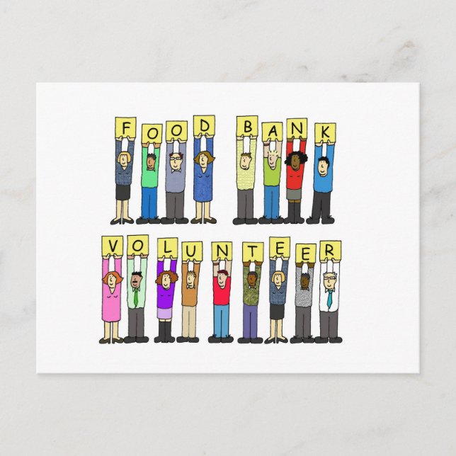 Cartão Postal Comida Bank Volunteer, Grupo de Cartoon. (Frente)