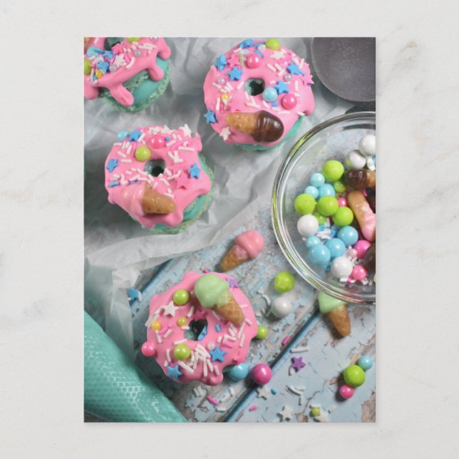 Cartão Postal Comida Fotografia Fosco Macarões Rosa Rosquinha (Frente)