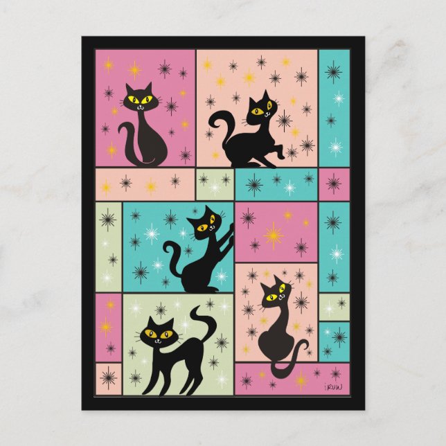 Cartão Postal Composição com 5 Gatos Pretos (Frente)