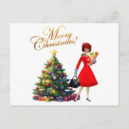 Cartão Postal Compras de Natal da Senhora Vintage de 1950   