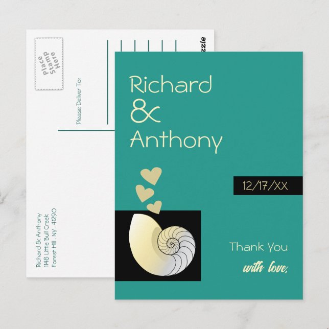 Cartão Postal Conchas e Corações, Obrigado Casamento na Praia (Frente/Verso)