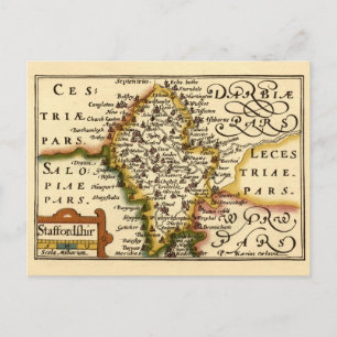 Cartão Postal Condado de Staffordshire Inglaterra Mapa Antigo An