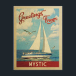 Cartão Postal Conexão de Viagens vintage de veleiro místico<br><div class="desc">Esta saudação da design náutica de viagens vintage Mística de Connecticut apresenta um barco navegando na água com gaivotas e um céu azul cheio de lindas nuvens brancas puffy.</div>
