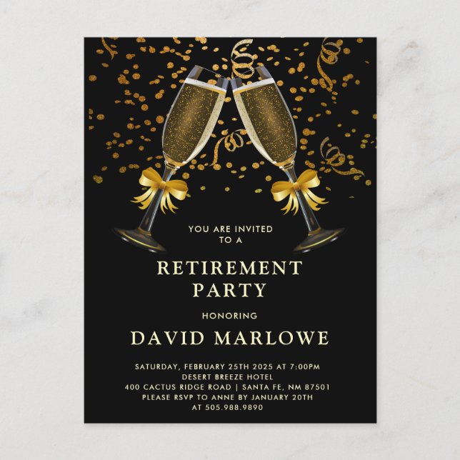 Cartão Postal Confete de Champanhe Preto Dourado (Frente)