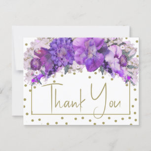 Cartão Postal Confete Dourado Floral Roxo Obrigado