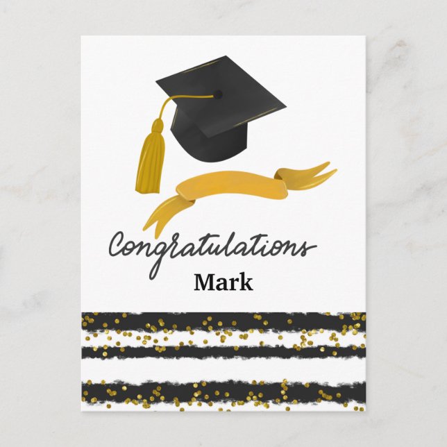 Cartão Postal Confetes de Congratulações de Formatura preto dour (Frente)