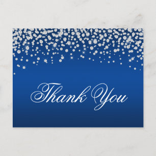 Cartão Postal Confetes de Diamante Brilhante Azul Ombre Obrigado