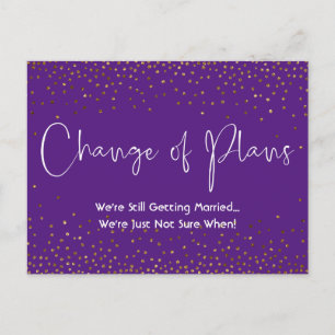 Cartão Postal Confetti Roxo Mudança de Planos Adiada Casamento
