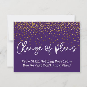Cartão Postal Confetti Roxo Mudança de Planos Adiada Casamento
