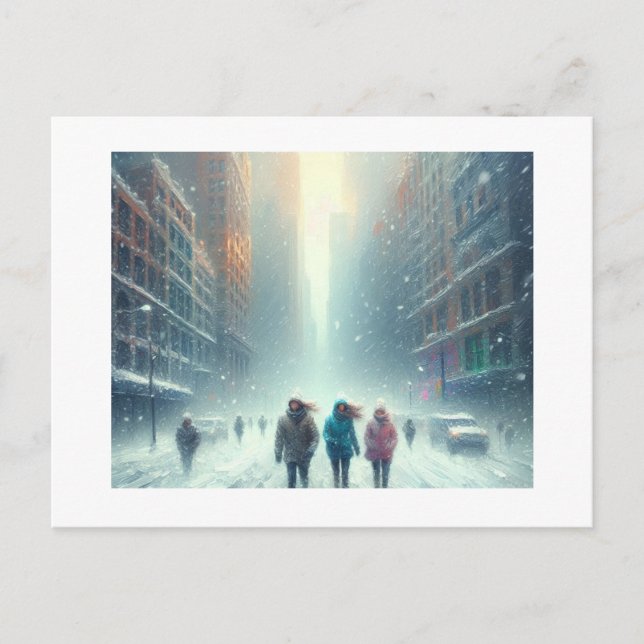 Cartão Postal Confiando através da neve da cidade, (Frente)