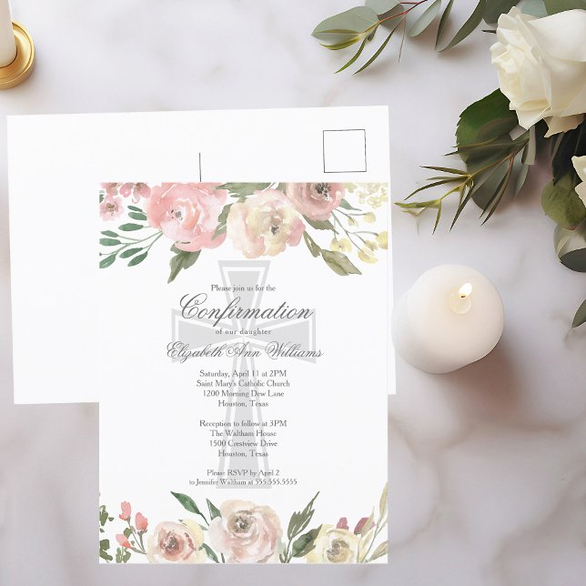 Cartão Postal Confirmação Religiosa Floral de Marfim Rosa Elegan (Criador carregado)