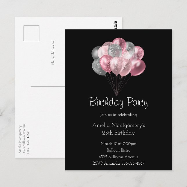 Cartão Postal Conjunto de Balão Brilhante Rosa e Prata Aniversár (Frente/Verso)