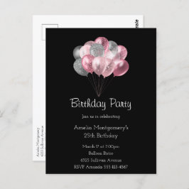 Cartão Postal Conjunto de Balões Glitter Rosa e Prata Aniversári