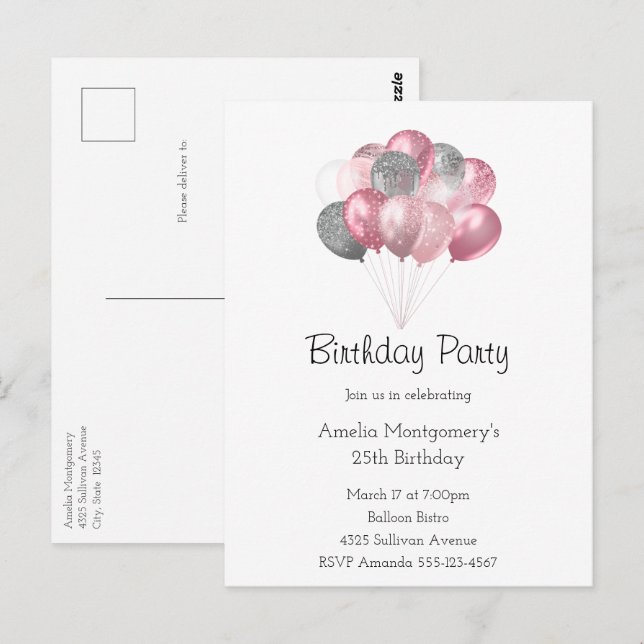 Cartão Postal Conjunto de Balões Glitter Rosa e Prata Aniversári (Frente/Verso)